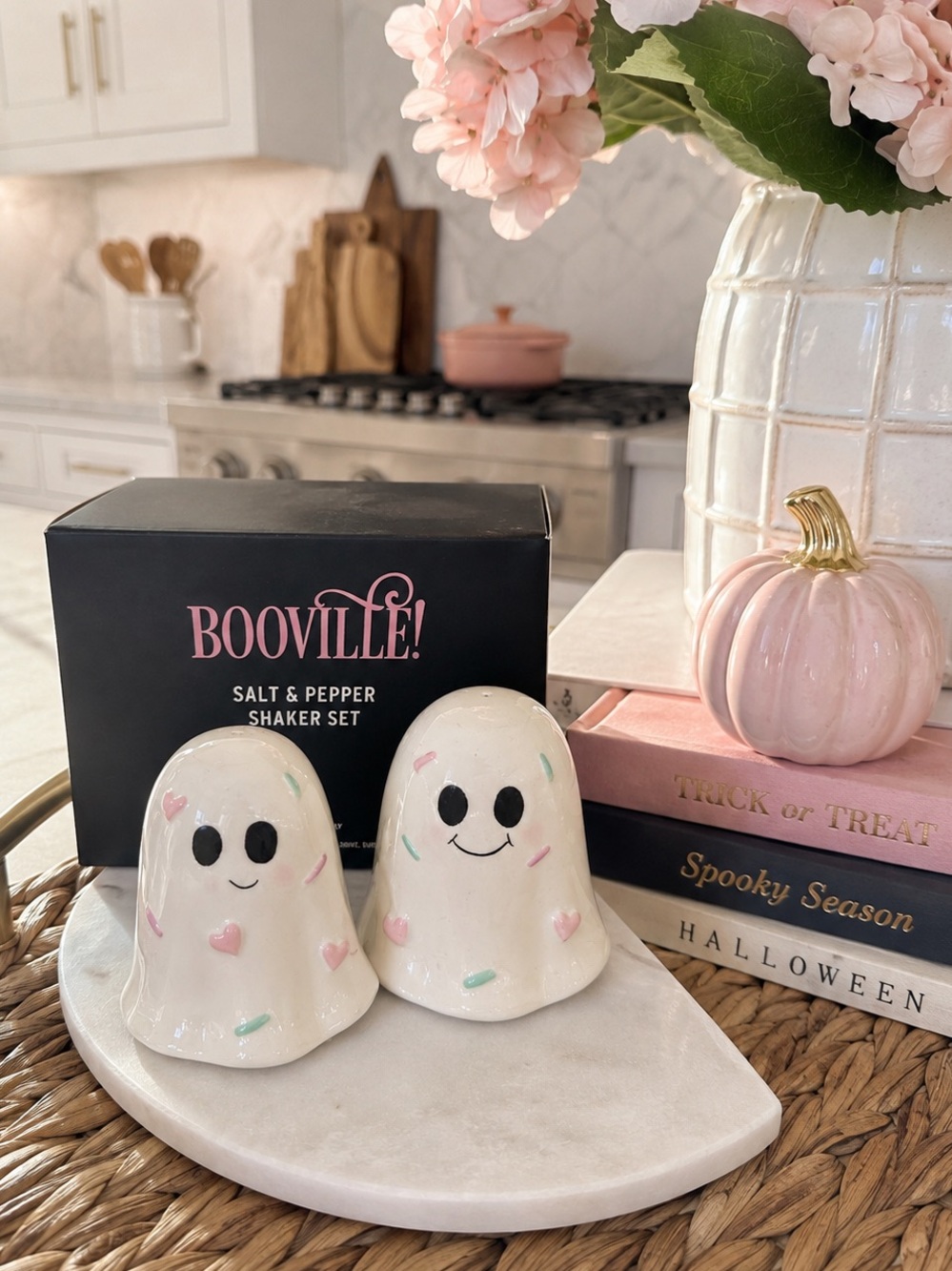 BOOVILLE! Ghost Salt & Pepper Shaker Set Halloween Ceramic Pastel Sprinkles NIB